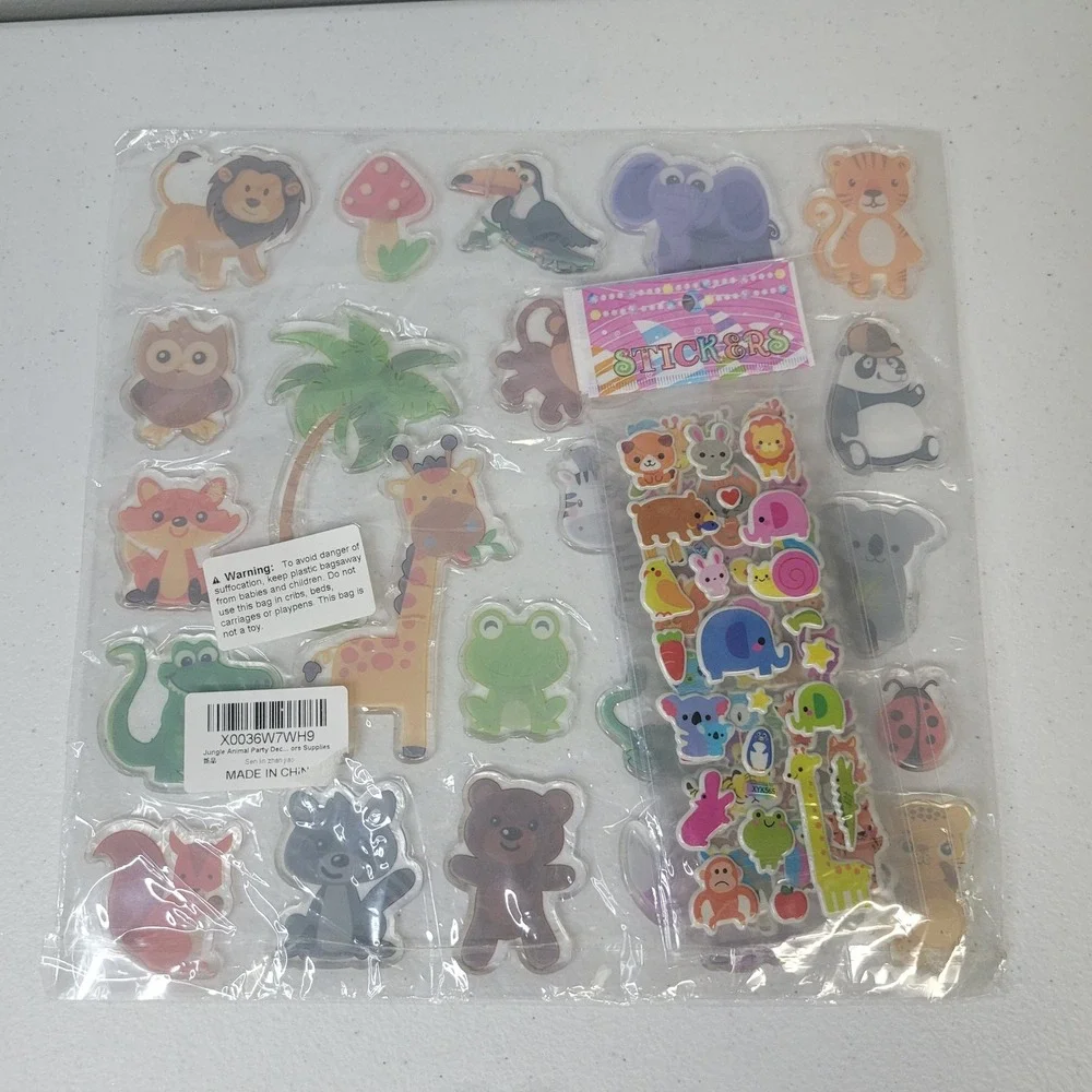 Jungle Gel Animal Party‎ Decorations Supplies Safari Puffy Zoo Stickers Set New